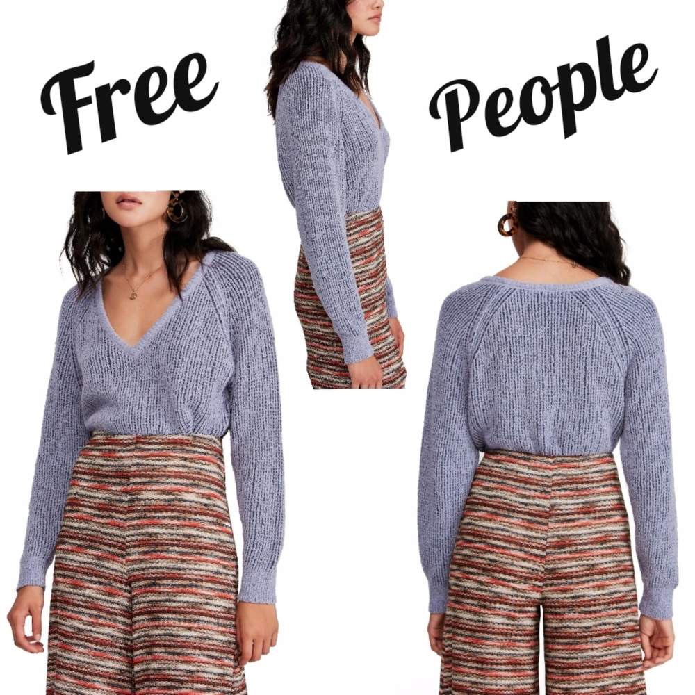 Free People High Low Purple Combo Textured V-Neck Relaxed Fit Comfy Sweater Sm - Picture 10 of 16